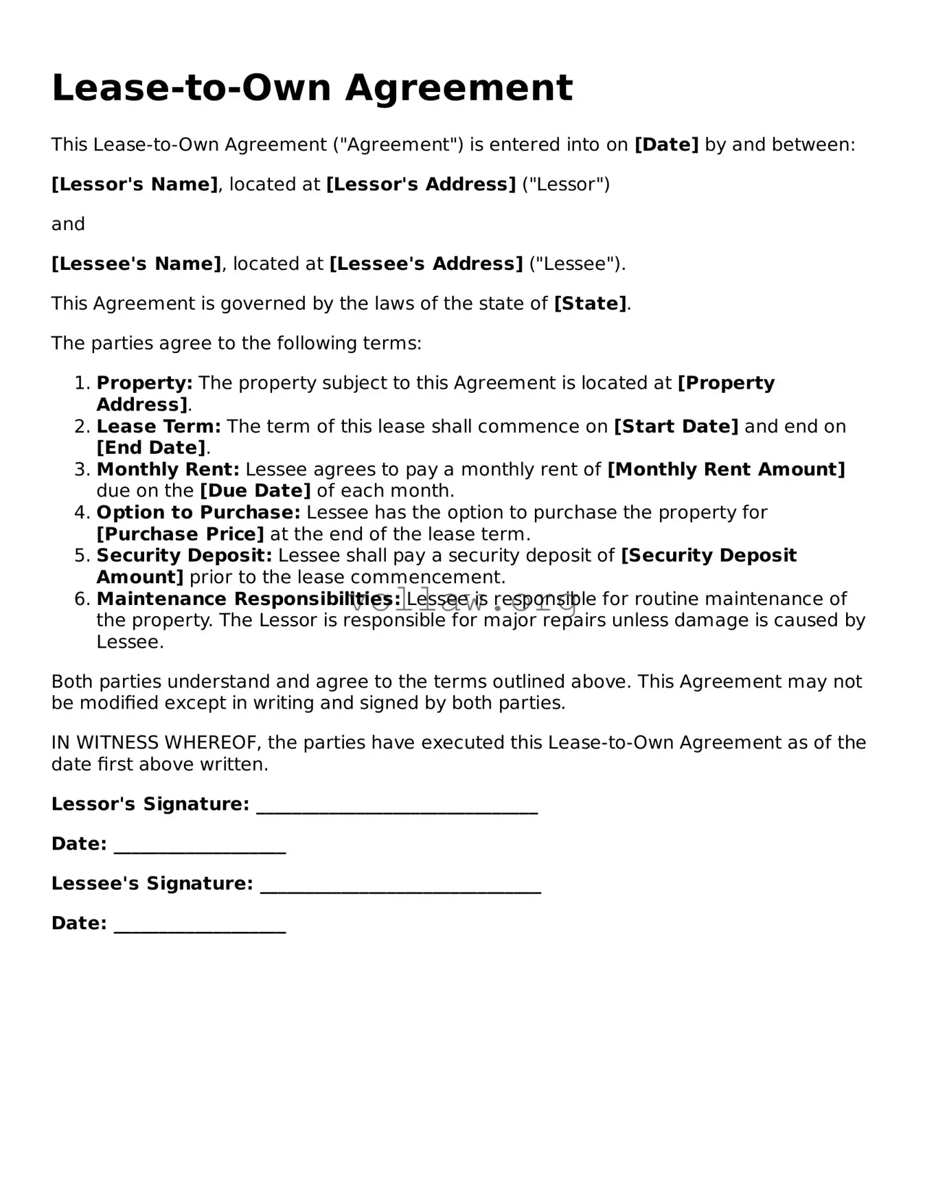 Free Lease-to-Own Agreement Form