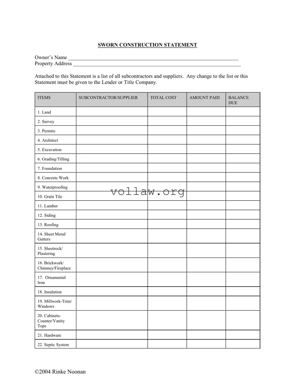 Sworn Construction Statement Template