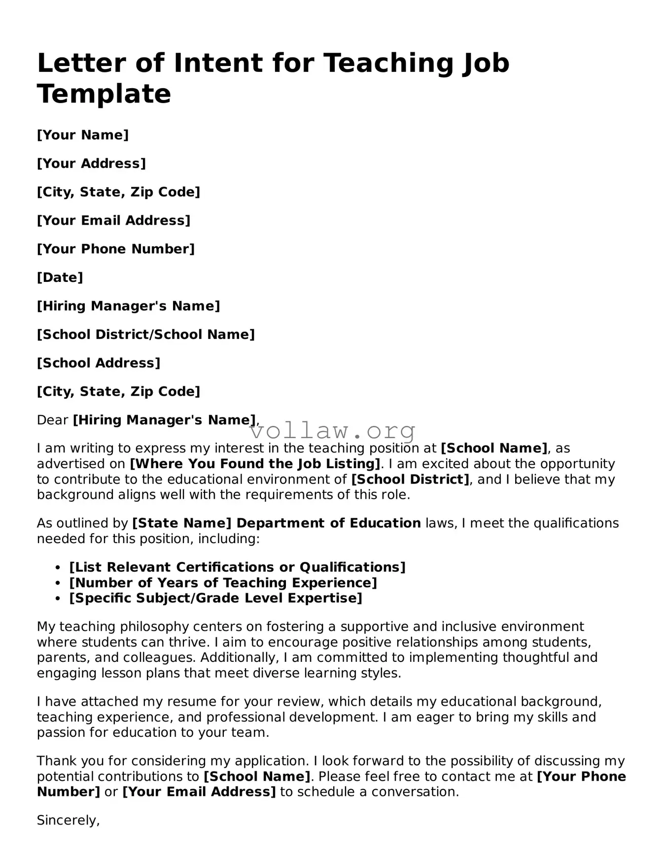 Free Letter of Intent for a Teaching Job Form