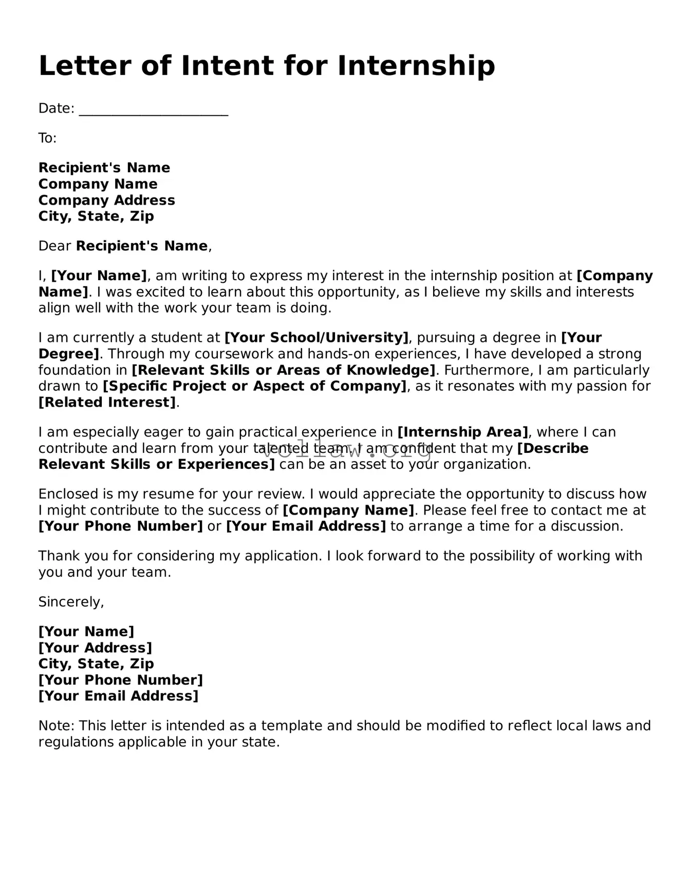 Free Letter of Intent for Internship Form