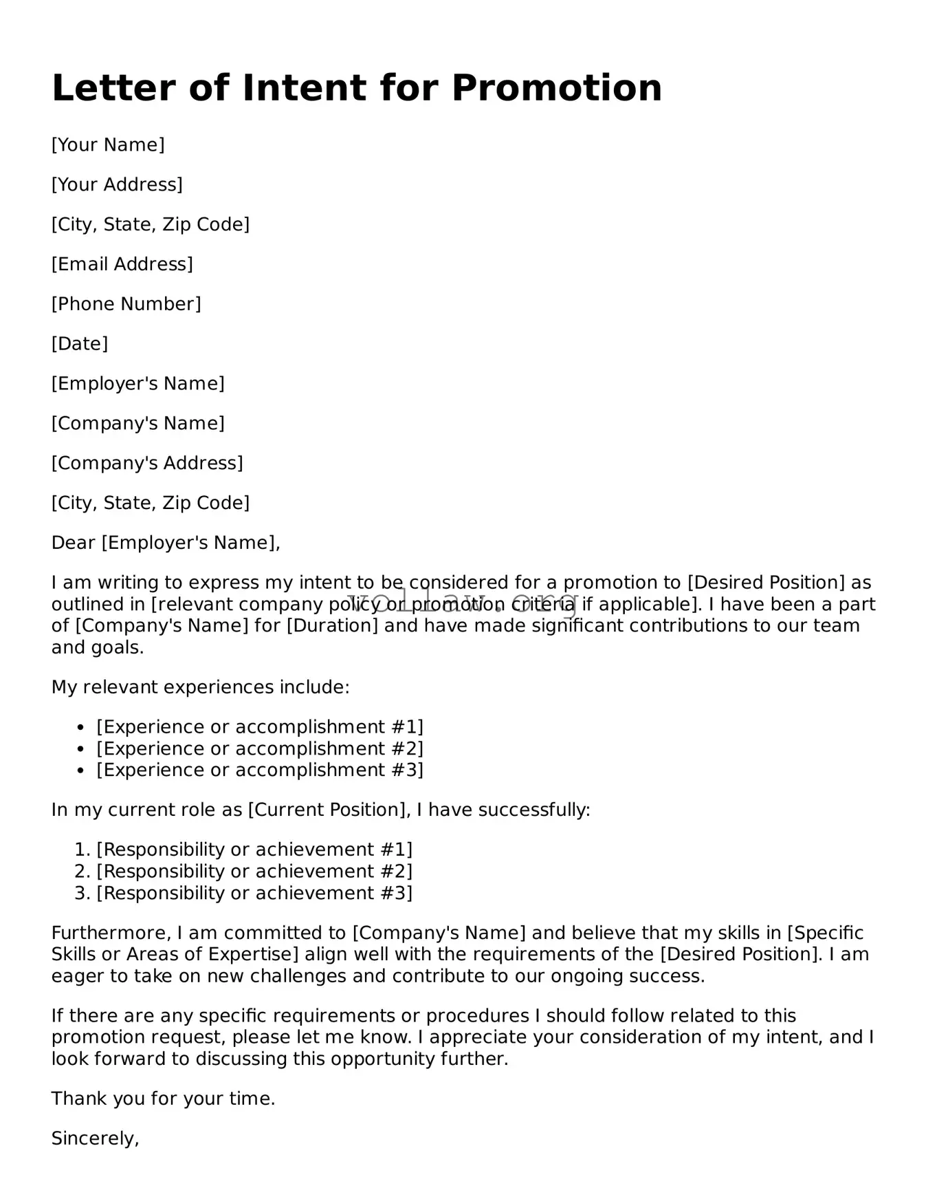Free Letter of Intent for Promotion Form