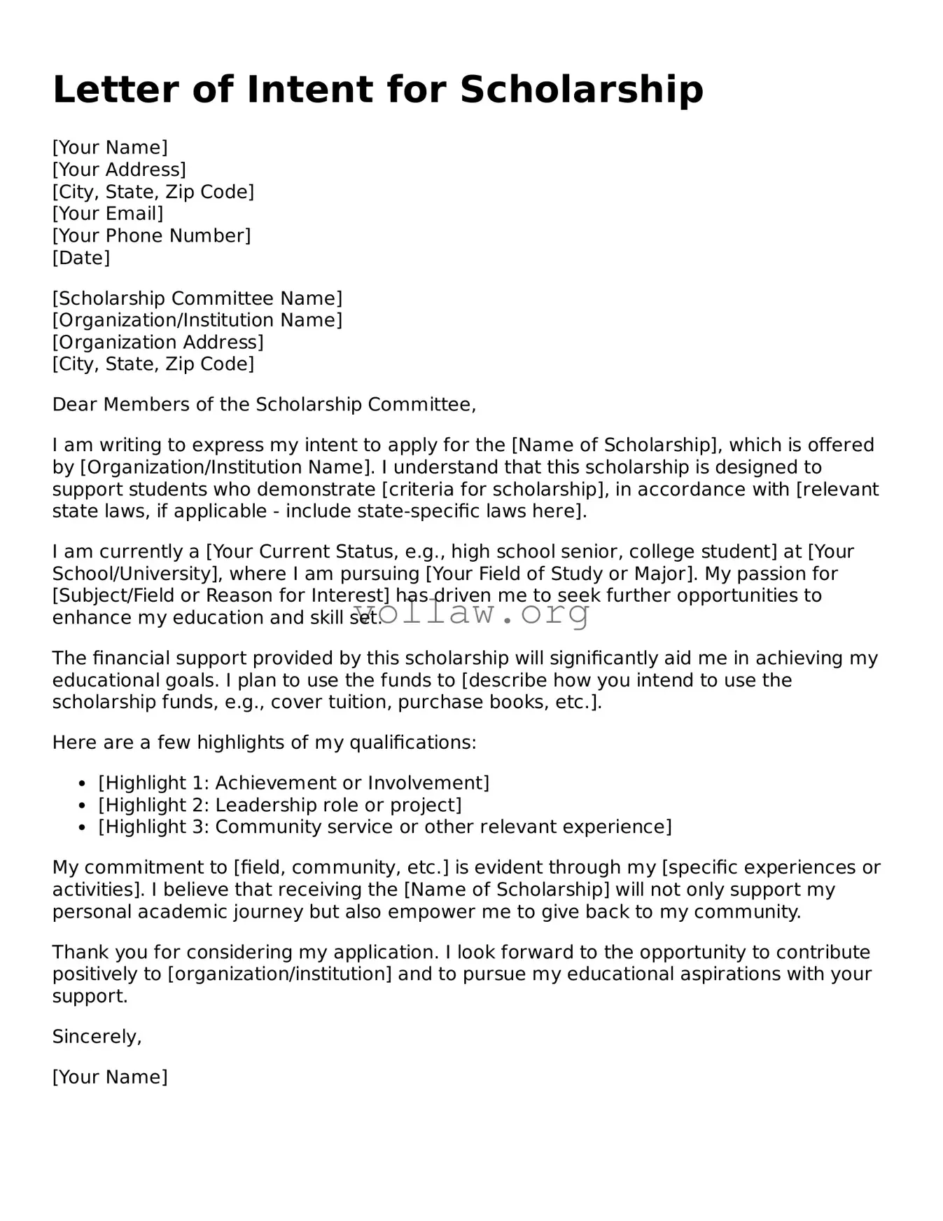 Free Letter of Intent For Scholarship Form