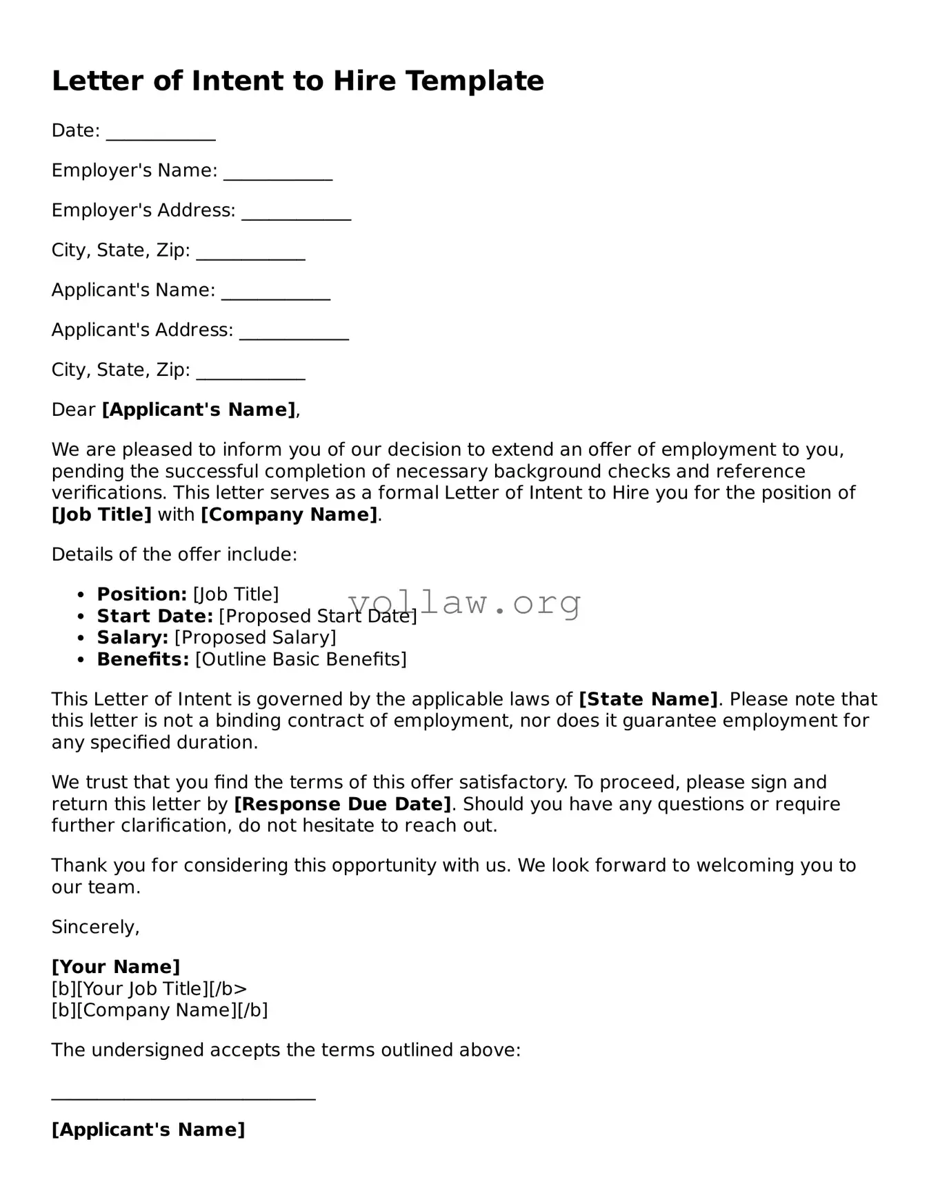 Free Letter of Intent to Hire Form