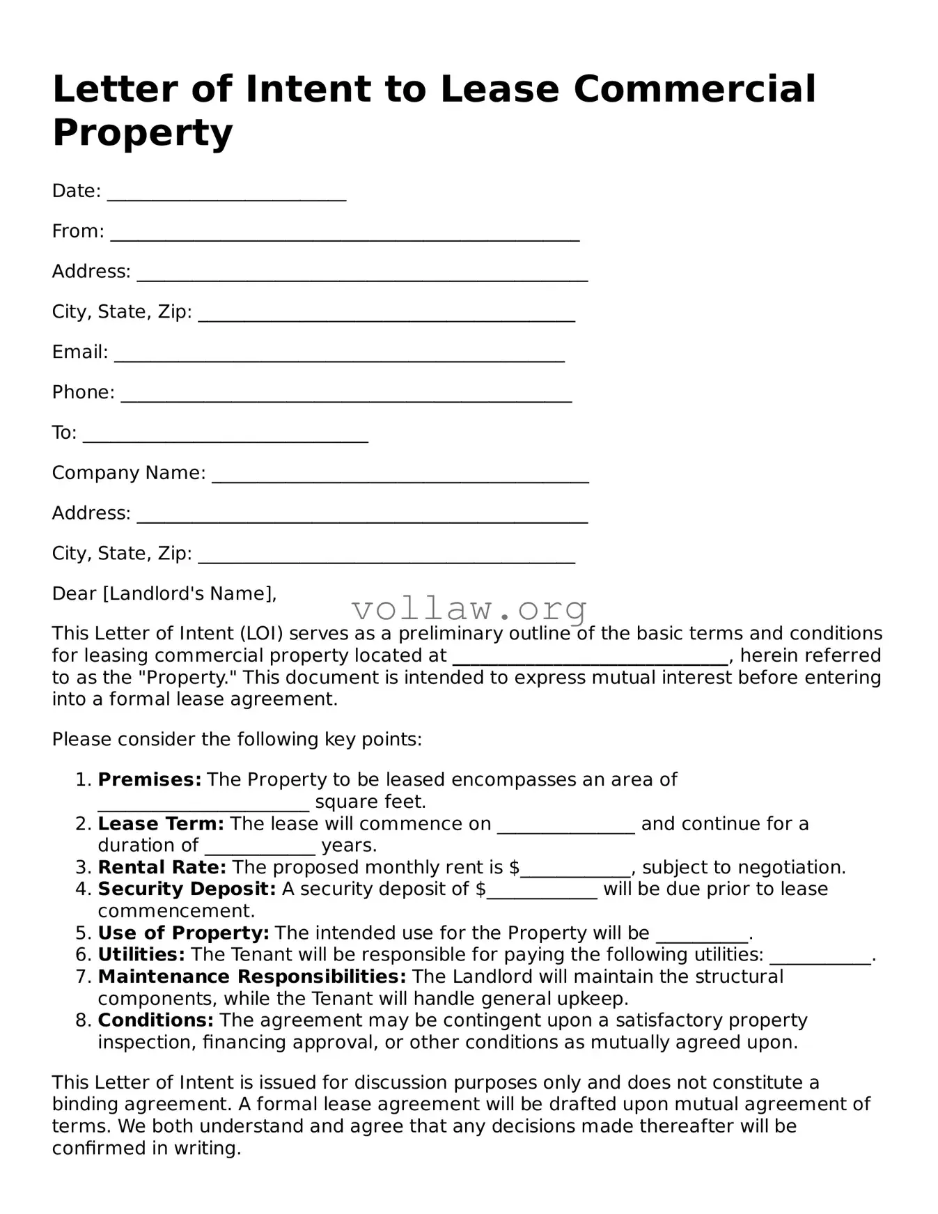 Free Letter of Intent to Lease Commercial Property Form