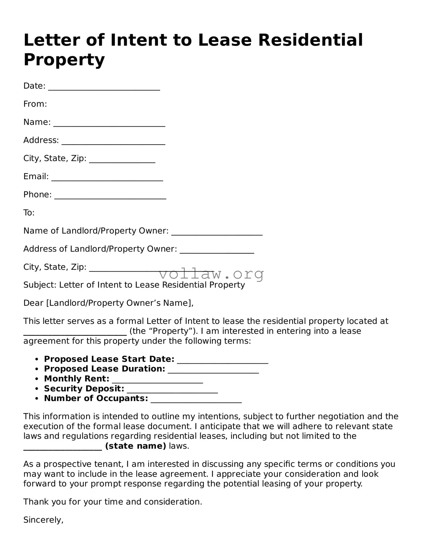 Free Letter of Intent to Lease Residential Property Form