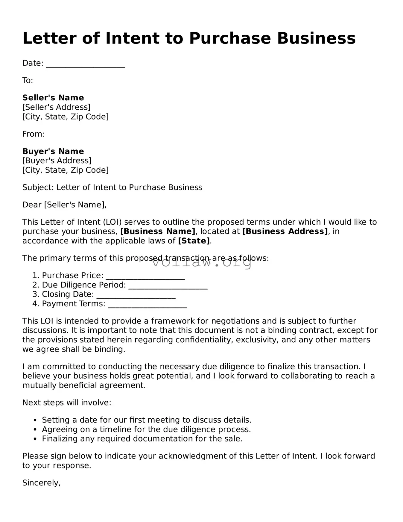 Free Letter of Intent to Purchase Business Form