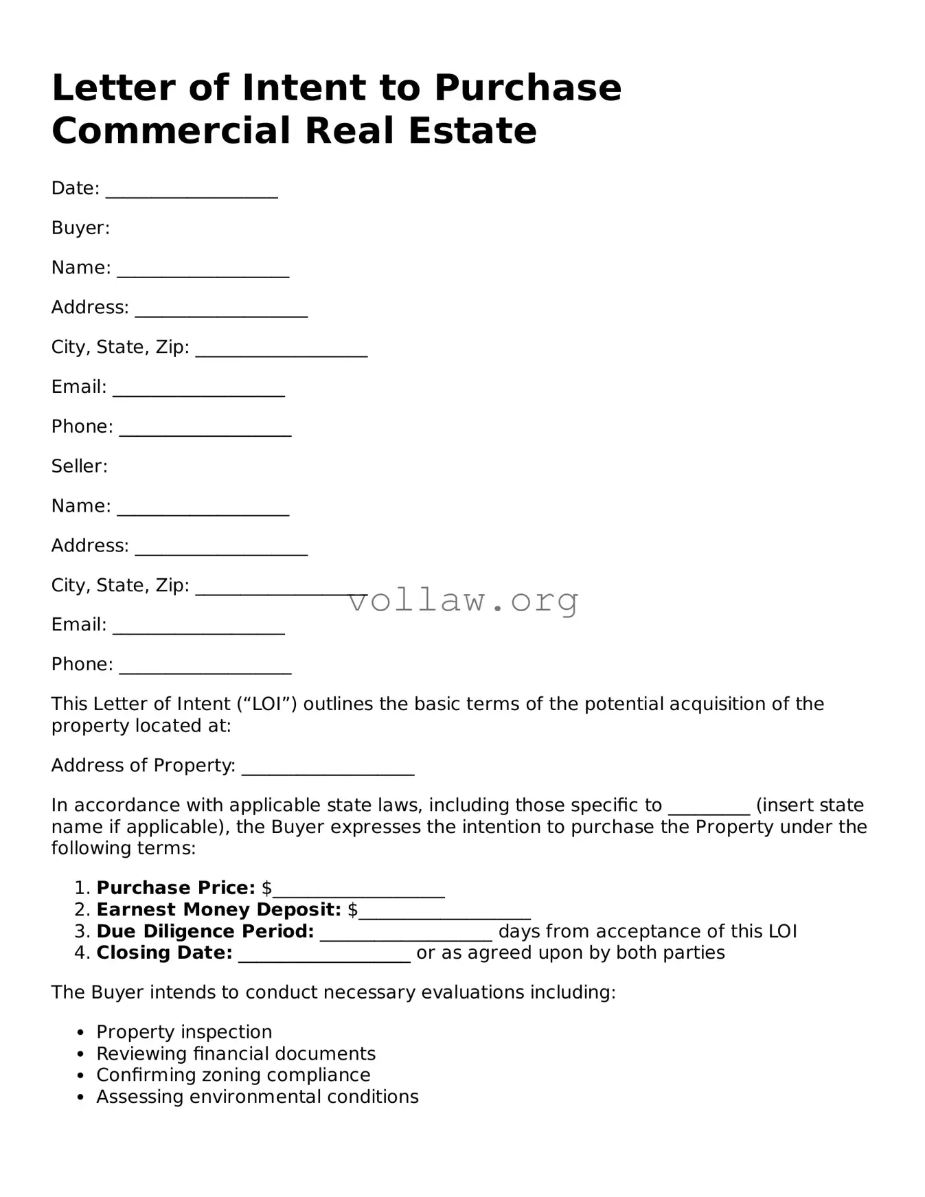 Free Letter of Intent to Purchase Commercial Real Estate Form