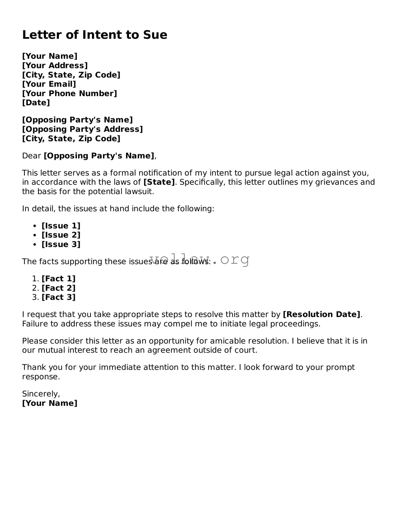 Free Letter of Intent to Sue Form