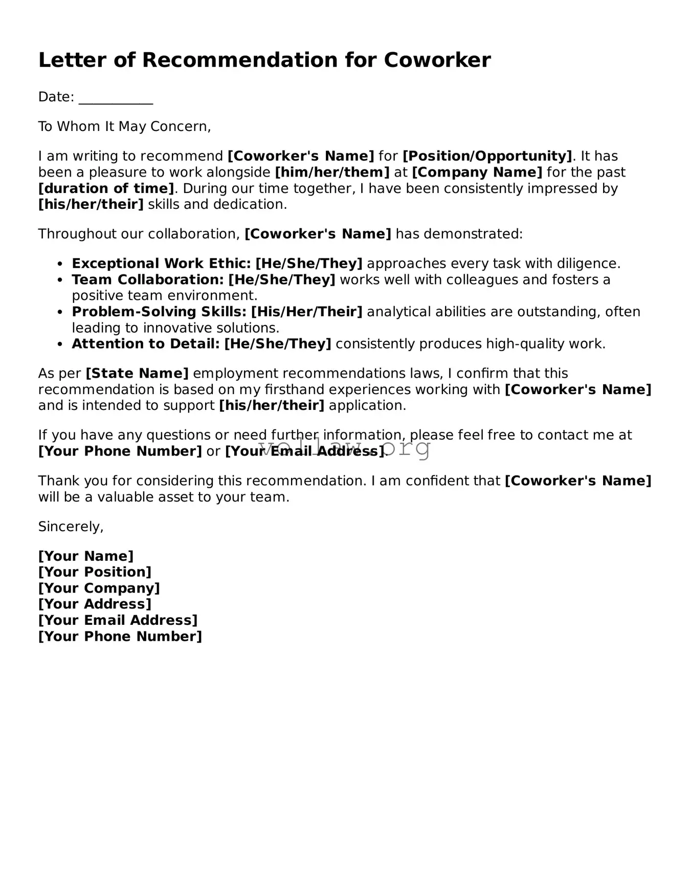 Free Letter of Recommendation for Coworker Form