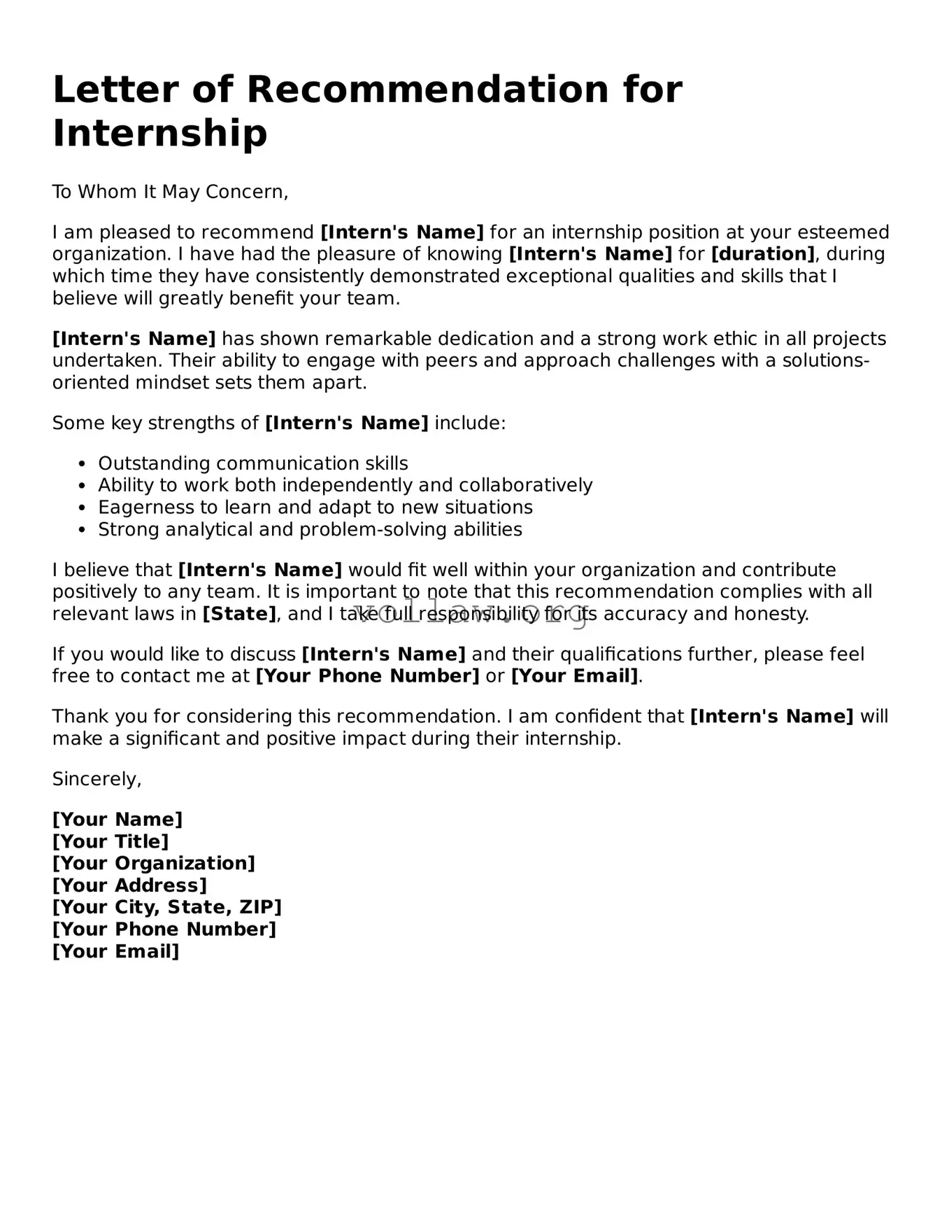 Free Letter of Recommendation for Internship Form