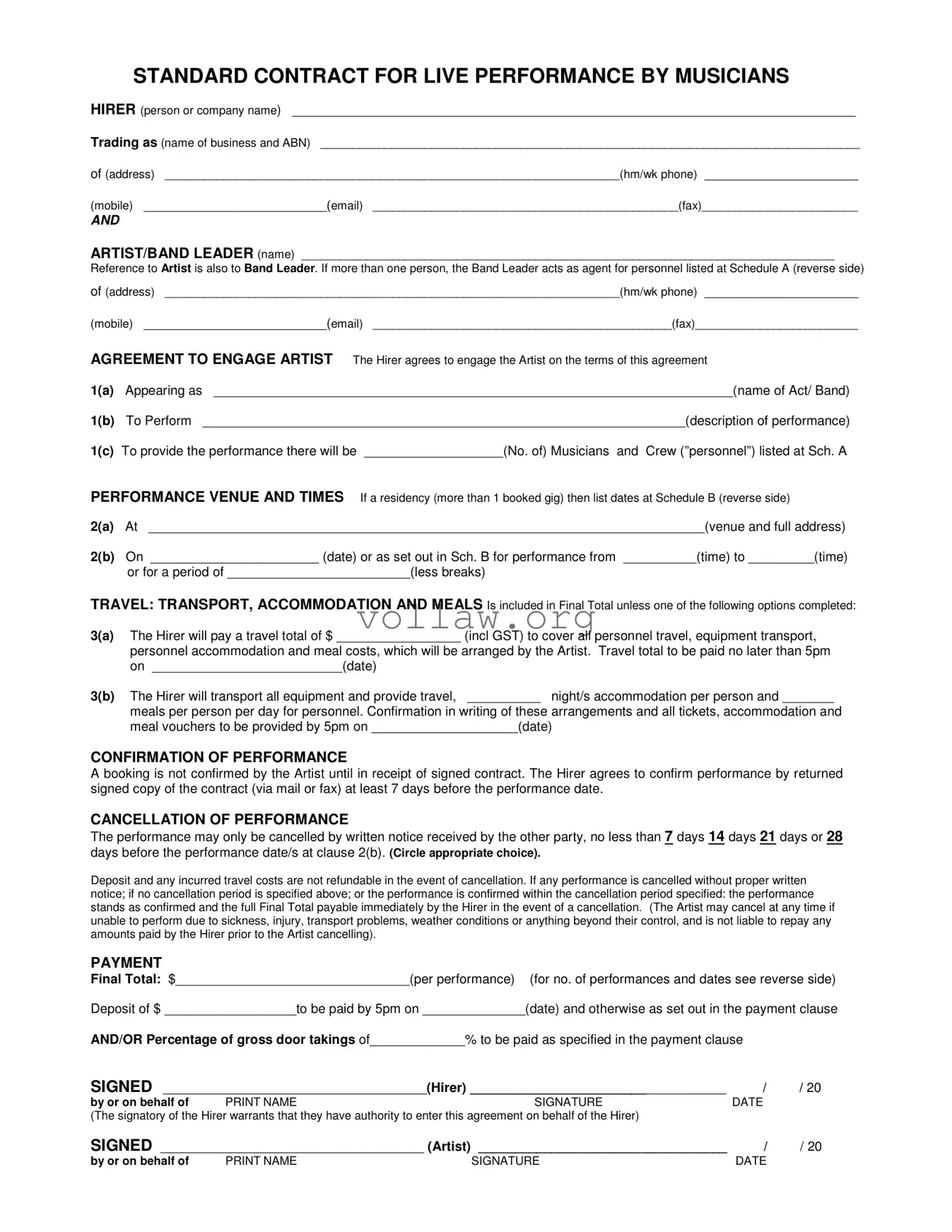 Live Performance Contract Template