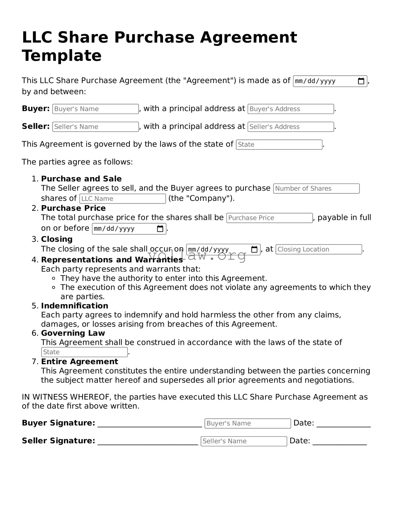 Free LLC Share Purchase Agreement Form