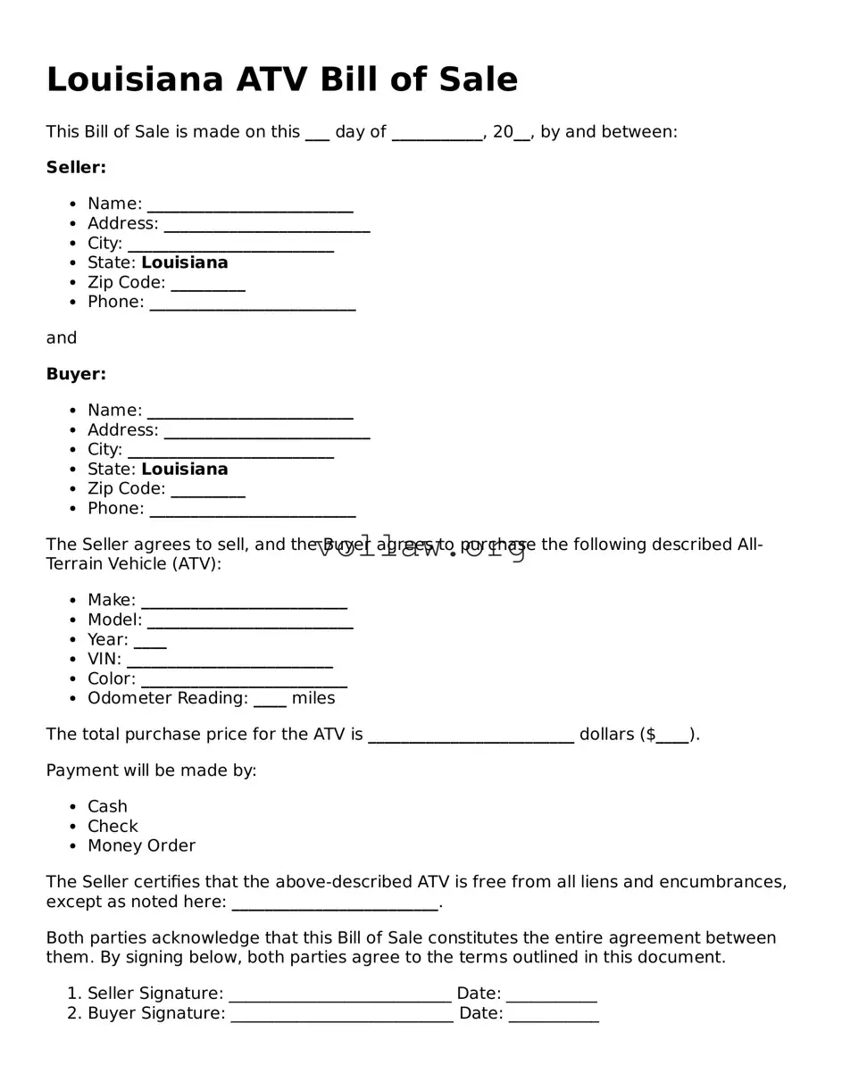 Attorney-Verified  ATV Bill of Sale Form for Louisiana
