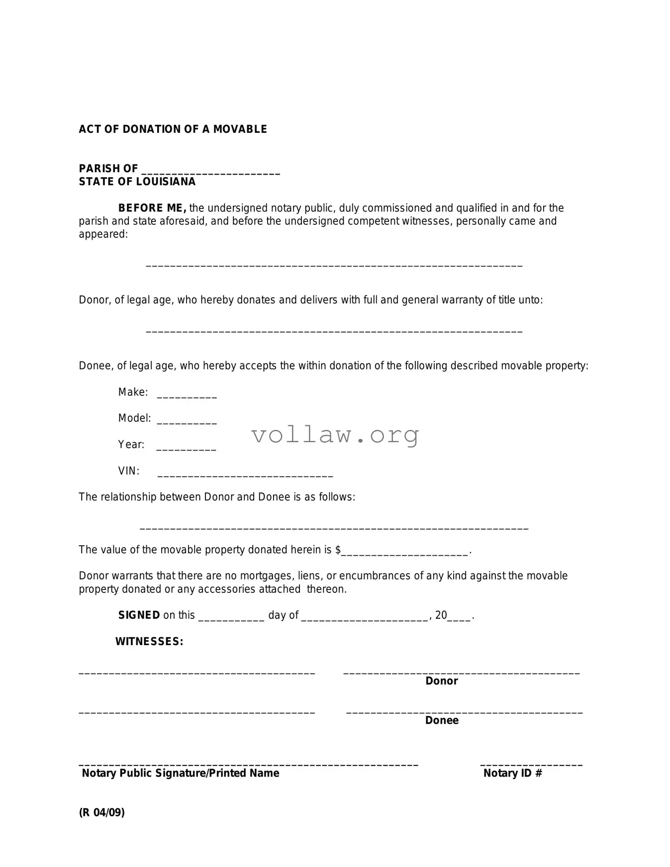 Louisiana act of donation Template