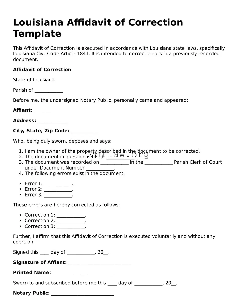 Attorney-Verified  Affidavit of Correction Form for Louisiana