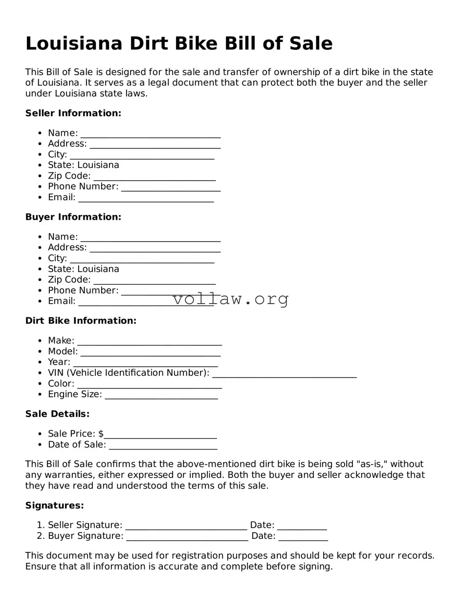 Attorney-Verified  Dirt Bike Bill of Sale Form for Louisiana