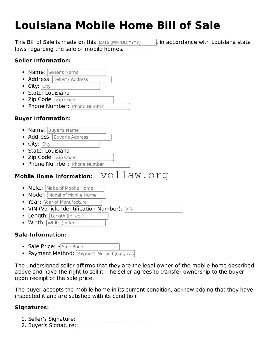 Attorney-Verified  Mobile Home Bill of Sale Form for Louisiana