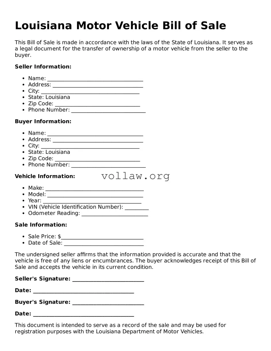 Attorney-Verified  Motor Vehicle Bill of Sale Form for Louisiana