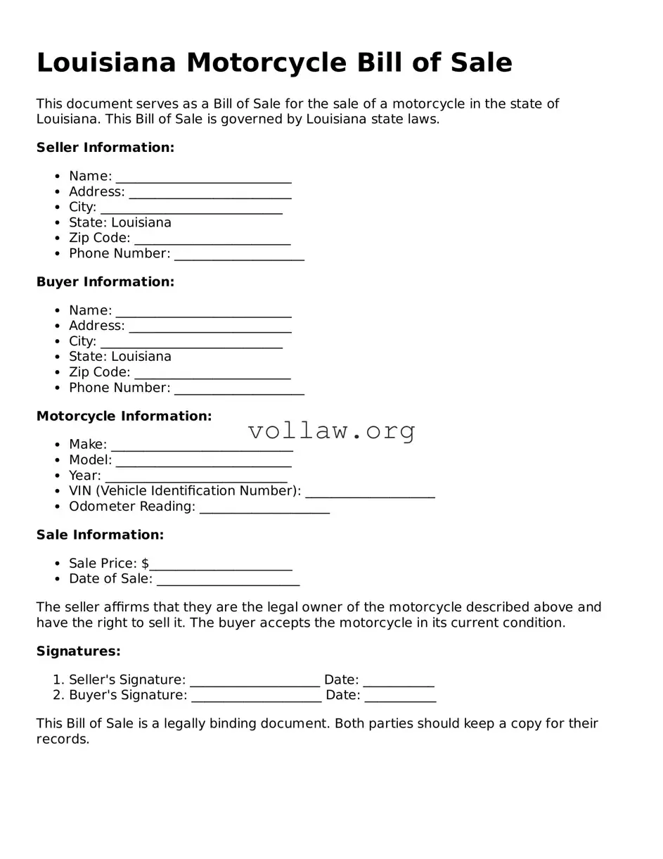 Attorney-Verified  Motorcycle Bill of Sale Form for Louisiana