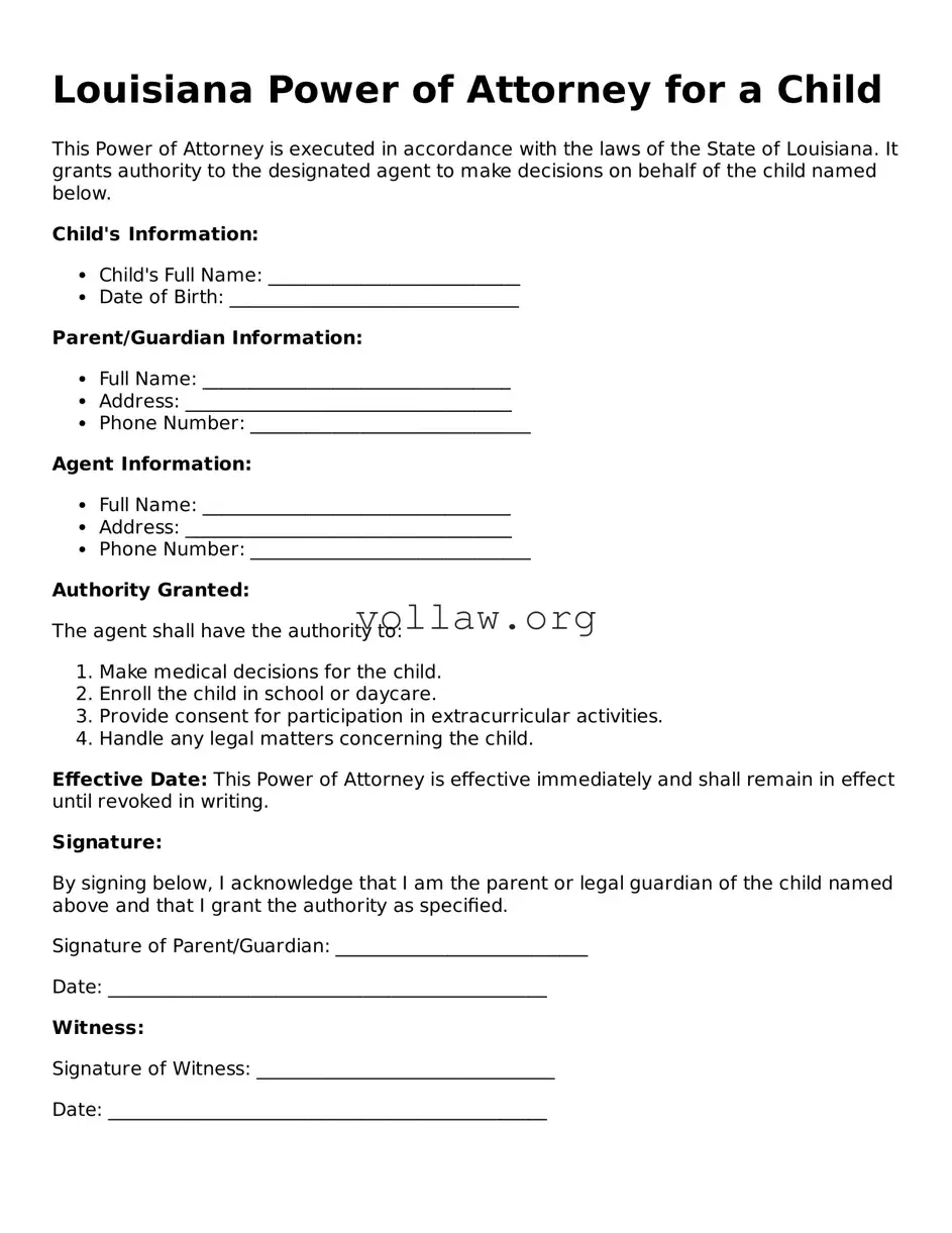 Attorney-Verified  Power of Attorney for a Child Form for Louisiana