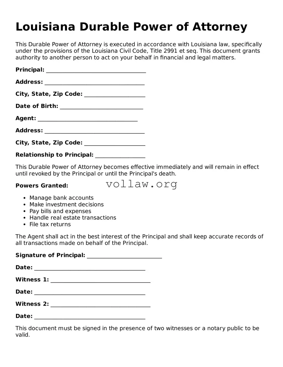 Attorney-Verified  Durable Power of Attorney Form for Louisiana