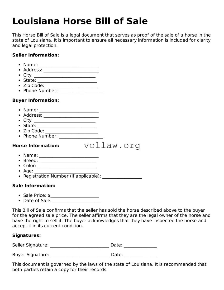 Attorney-Verified  Horse Bill of Sale Form for Louisiana