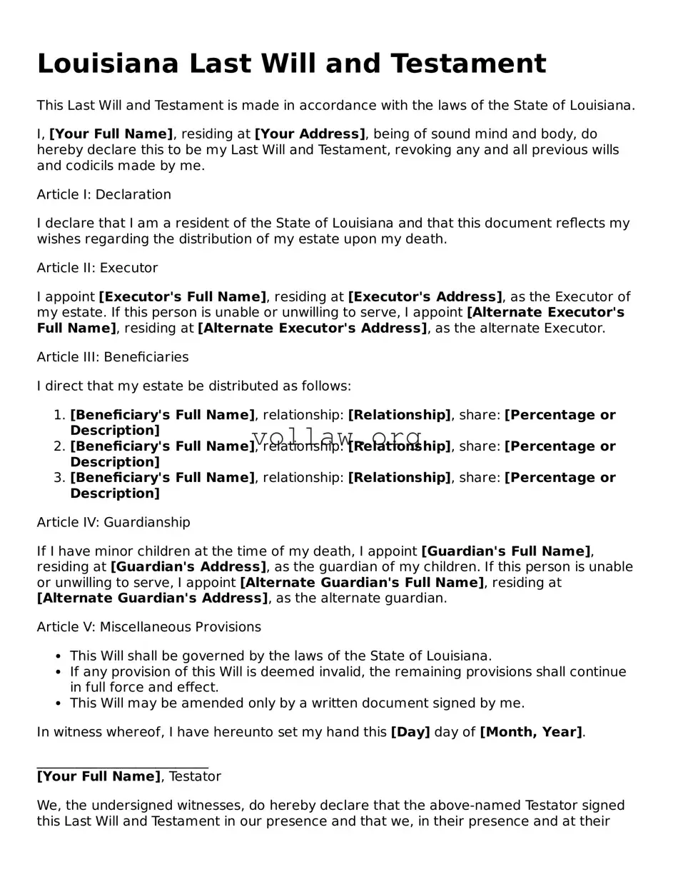 Attorney-Verified  Last Will and Testament Form for Louisiana