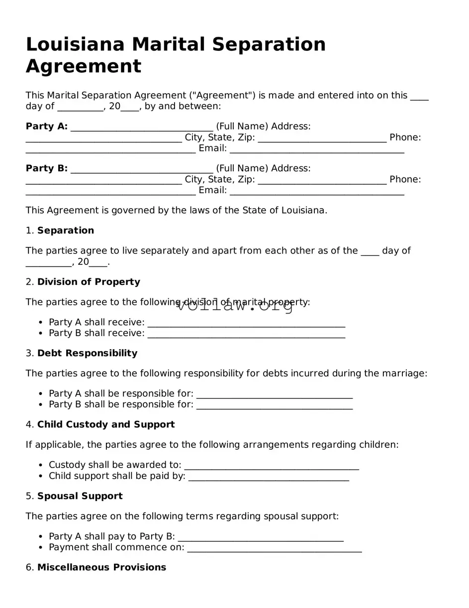 Attorney-Verified  Marital Separation Agreement Form for Louisiana