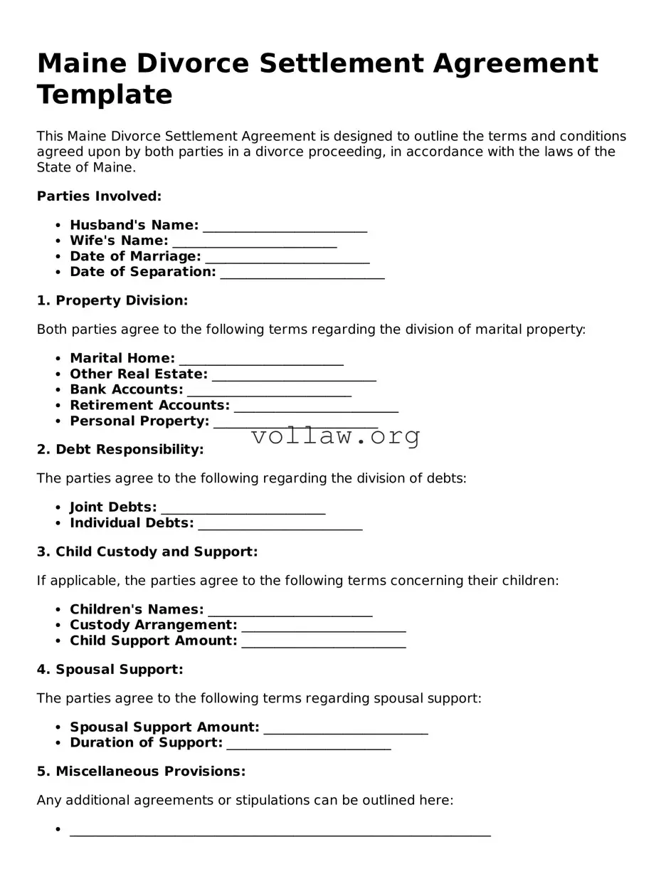 Attorney-Verified  Divorce Settlement Agreement Form for Maine