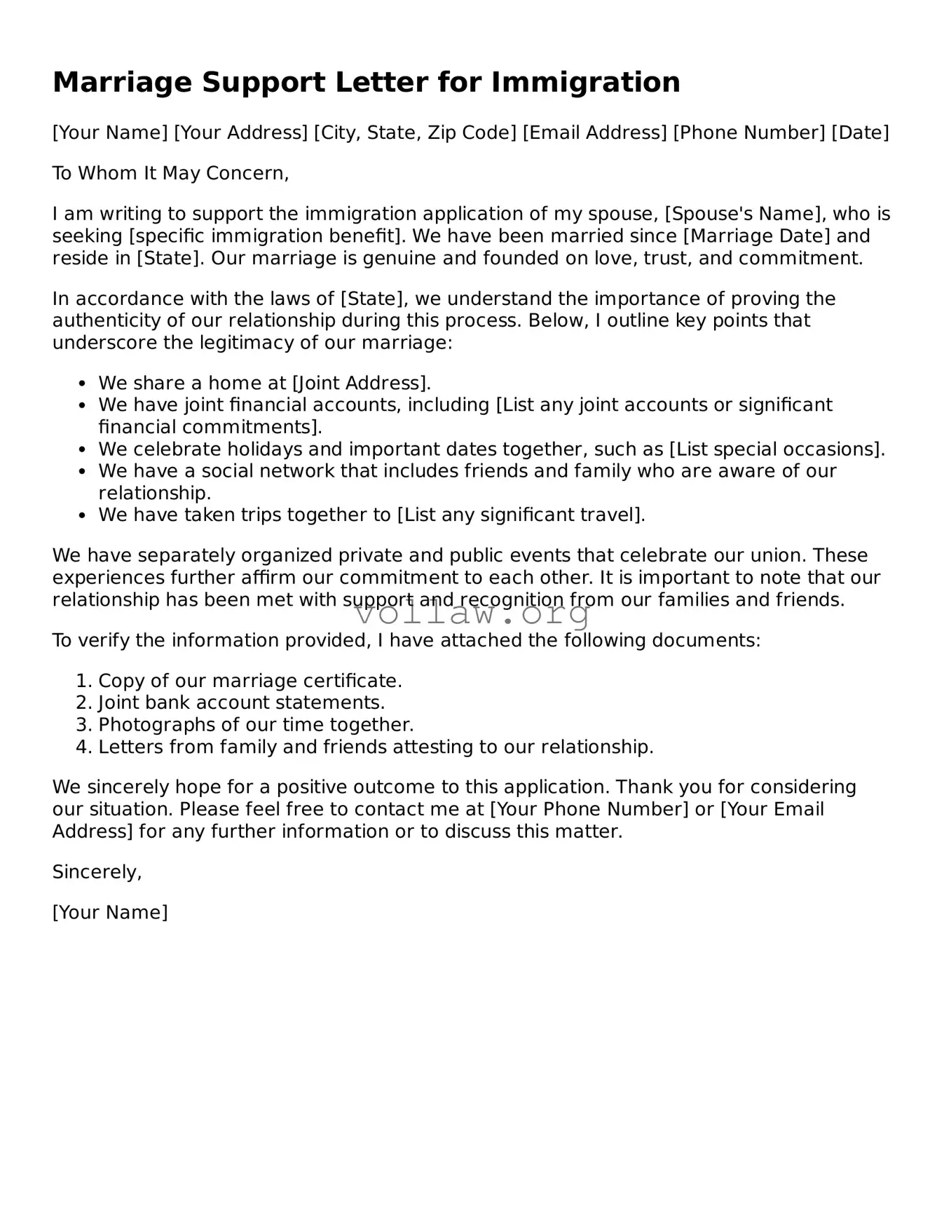 Free Marriage Support Letter for Immigration Form