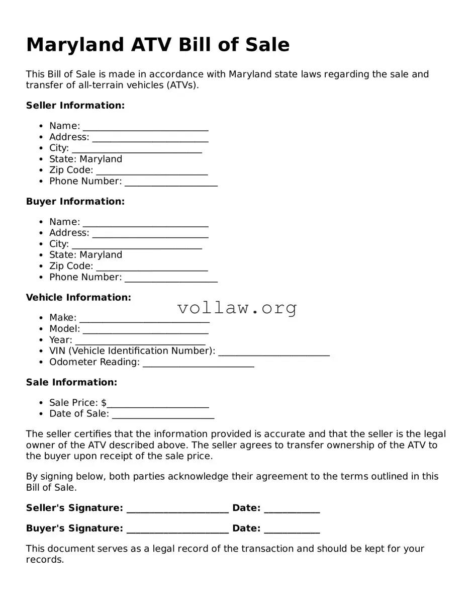 Attorney-Verified  ATV Bill of Sale Form for Maryland
