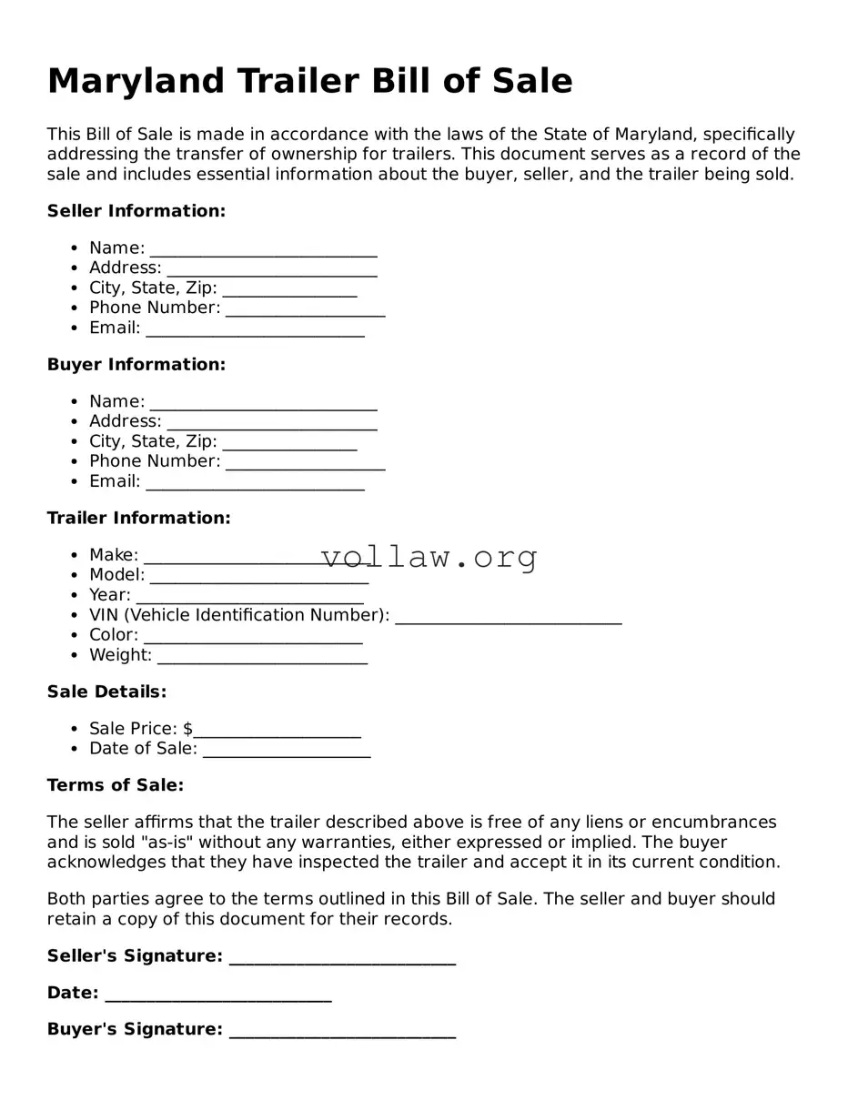 Attorney-Verified  Trailer Bill of Sale Form for Maryland