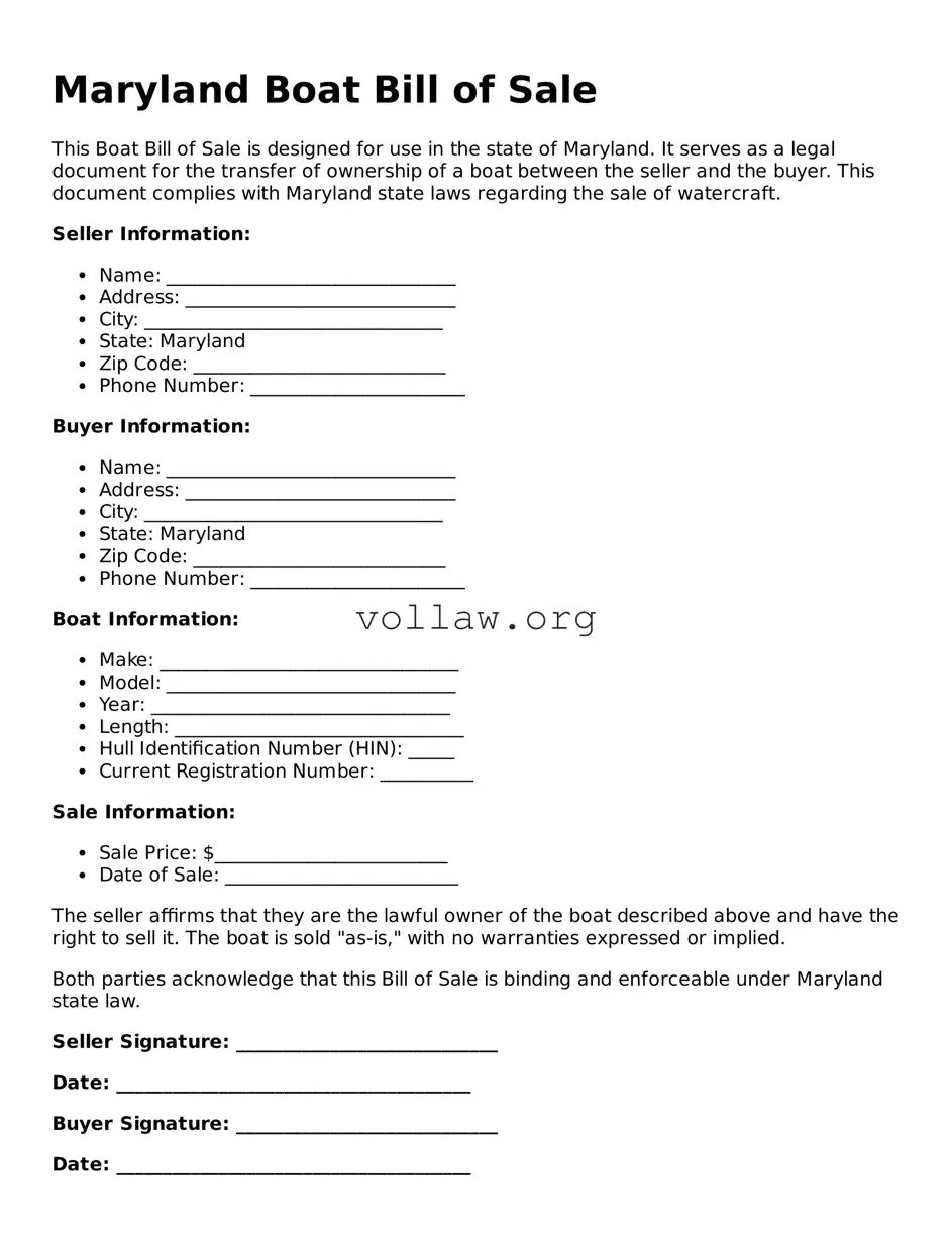 Attorney-Verified  Boat Bill of Sale Form for Maryland