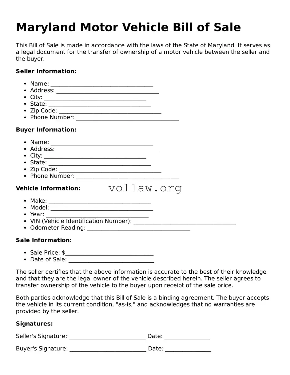 Attorney-Verified  Motor Vehicle Bill of Sale Form for Maryland