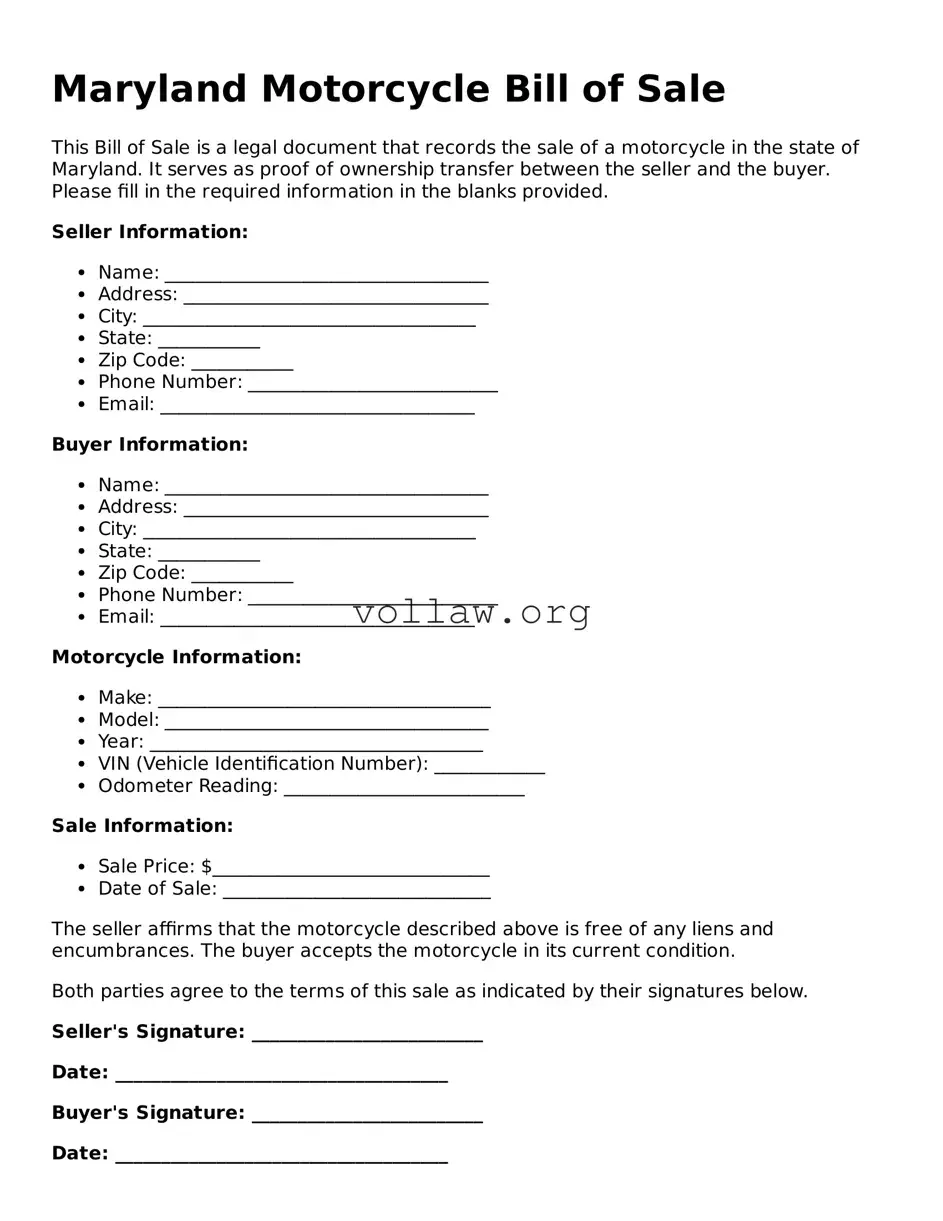 Attorney-Verified  Motorcycle Bill of Sale Form for Maryland