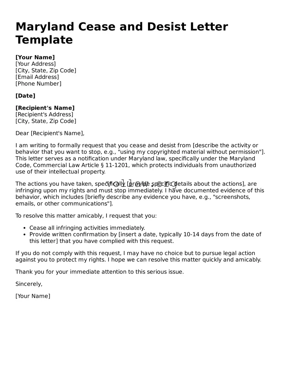 Attorney-Verified  Cease and Desist Letter Form for Maryland