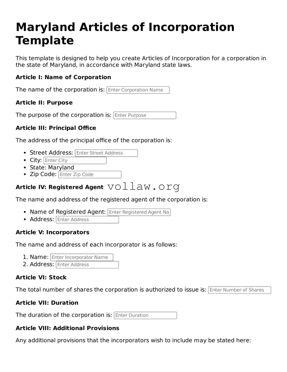 Attorney-Verified  Articles of Incorporation Form for Maryland