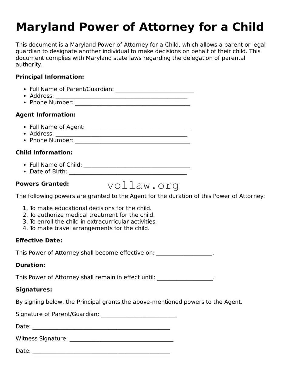 Attorney-Verified  Power of Attorney for a Child Form for Maryland