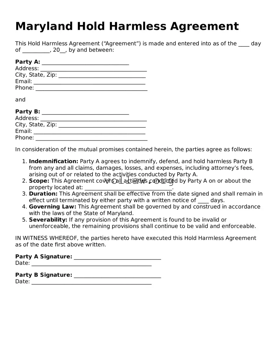 Attorney-Verified  Hold Harmless Agreement Form for Maryland