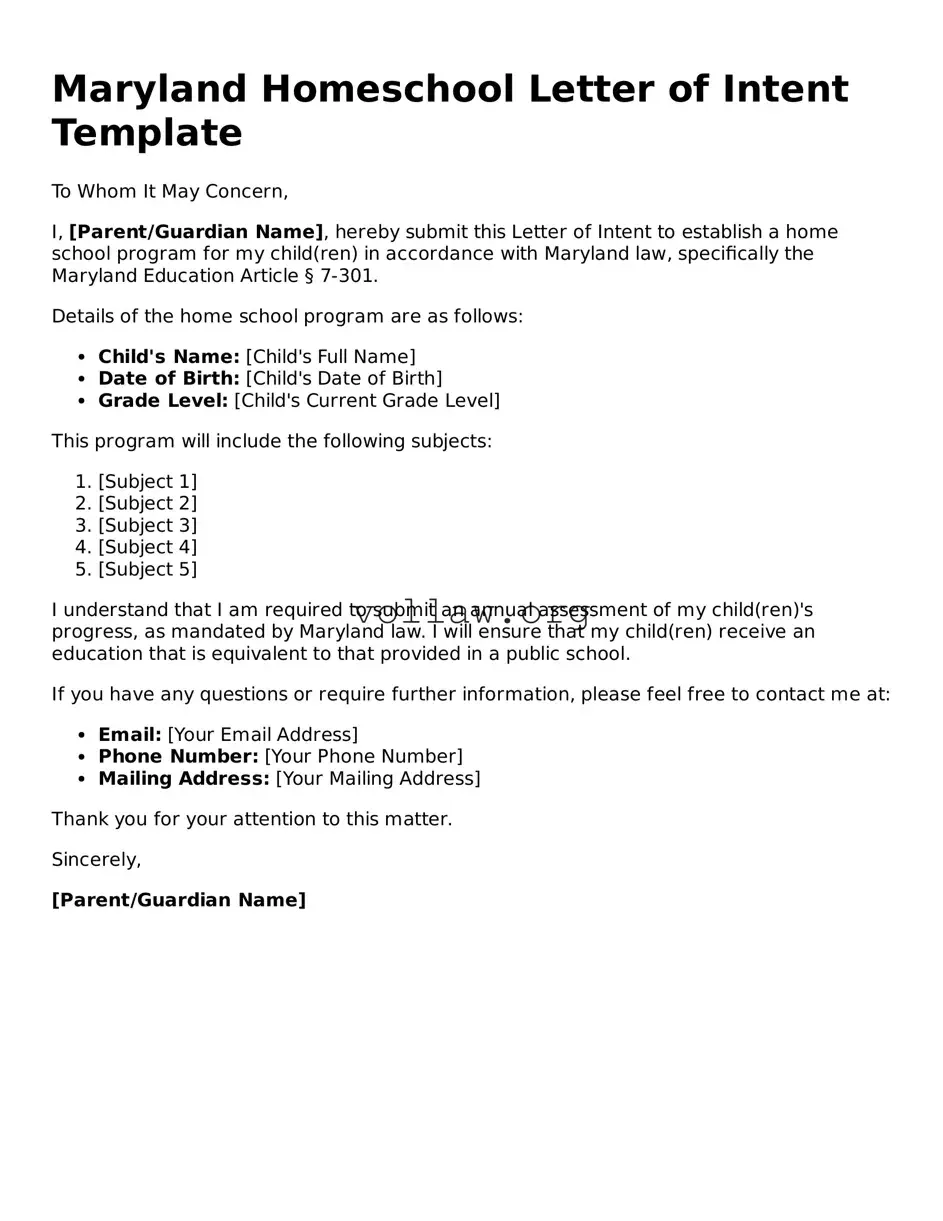 Attorney-Verified  Homeschool Letter of Intent Form for Maryland