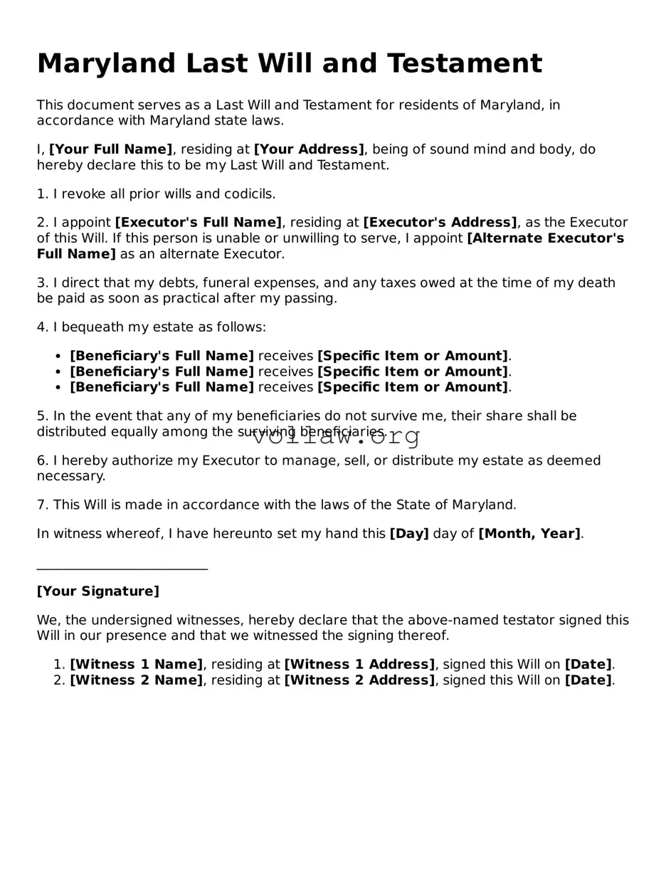 Attorney-Verified  Last Will and Testament Form for Maryland