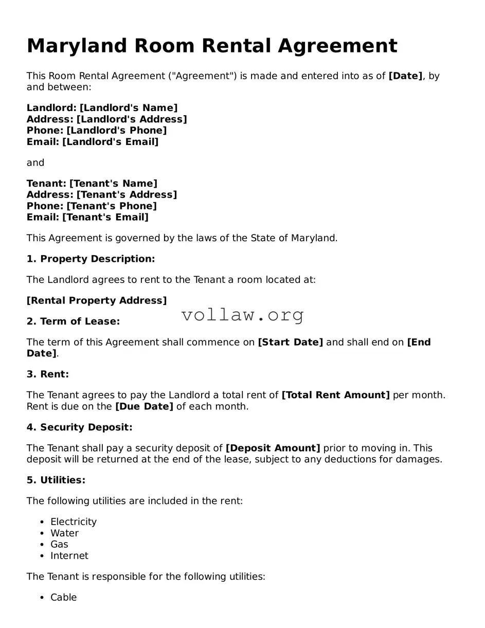 Attorney-Verified  Room Rental Agreement Form for Maryland