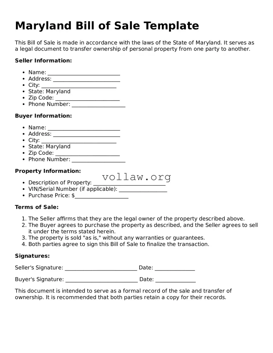 Attorney-Verified  Bill of Sale Form for Maryland