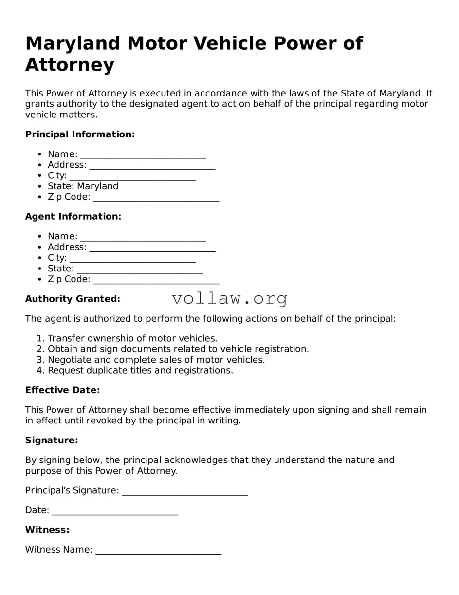 Attorney-Verified  Motor Vehicle Power of Attorney Form for Maryland