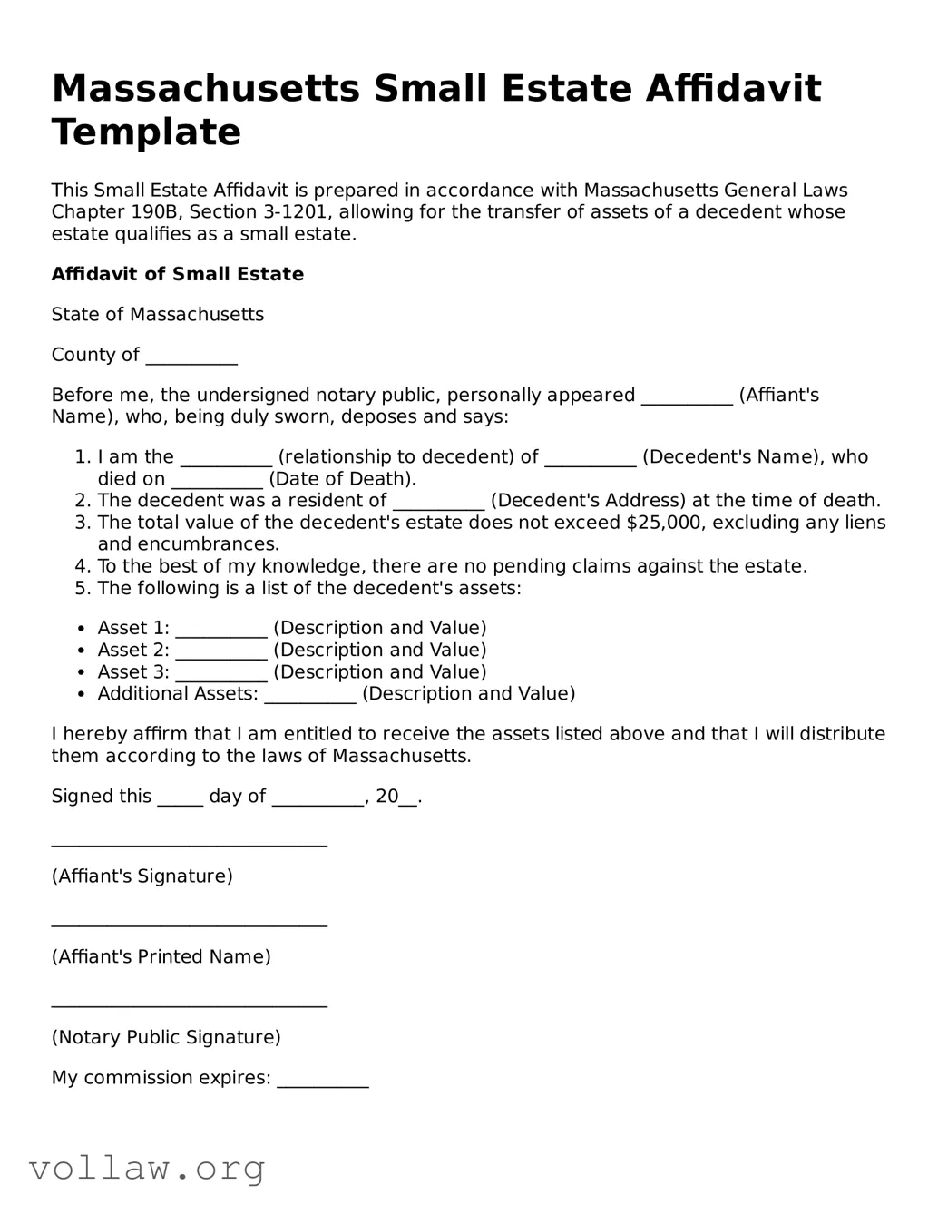 Attorney-Verified  Small Estate Affidavit Form for Massachusetts