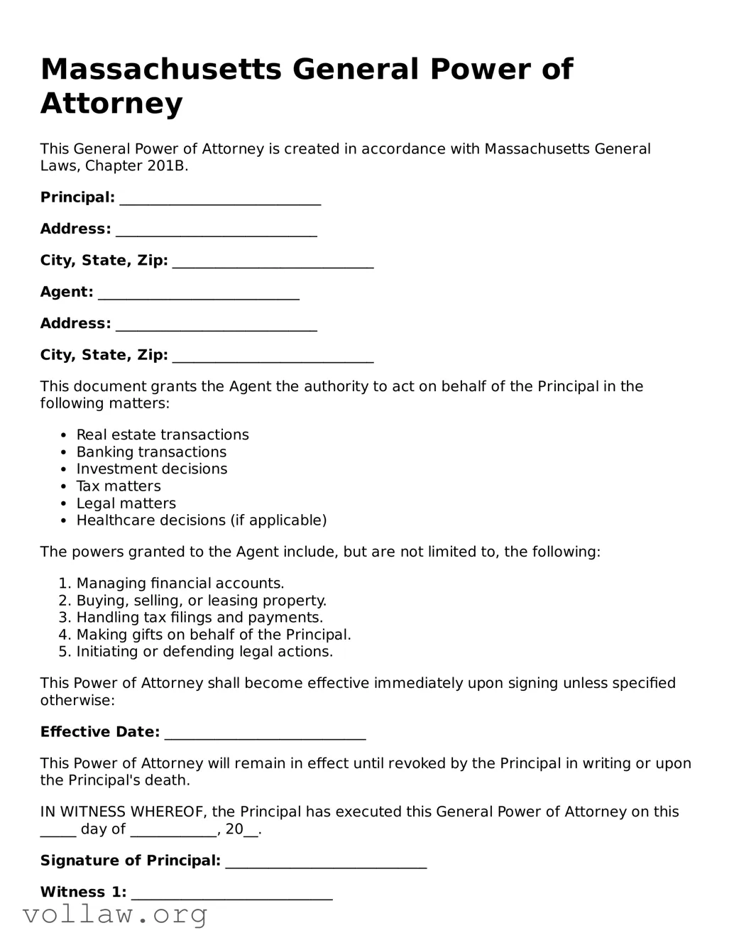 Attorney-Verified  General Power of Attorney Form for Massachusetts