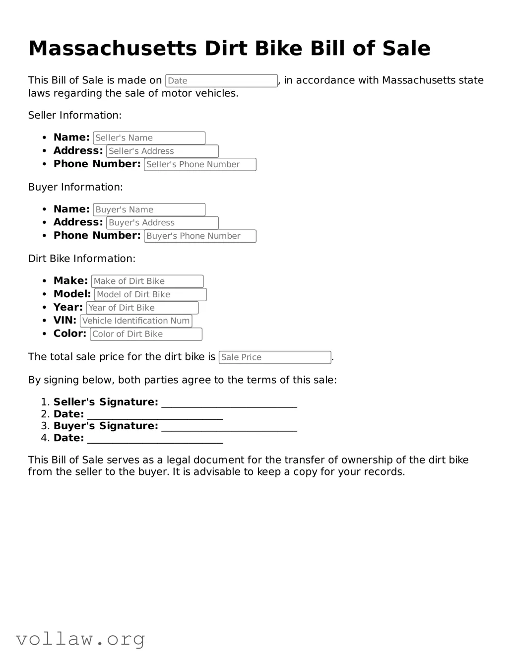 Attorney-Verified  Dirt Bike Bill of Sale Form for Massachusetts