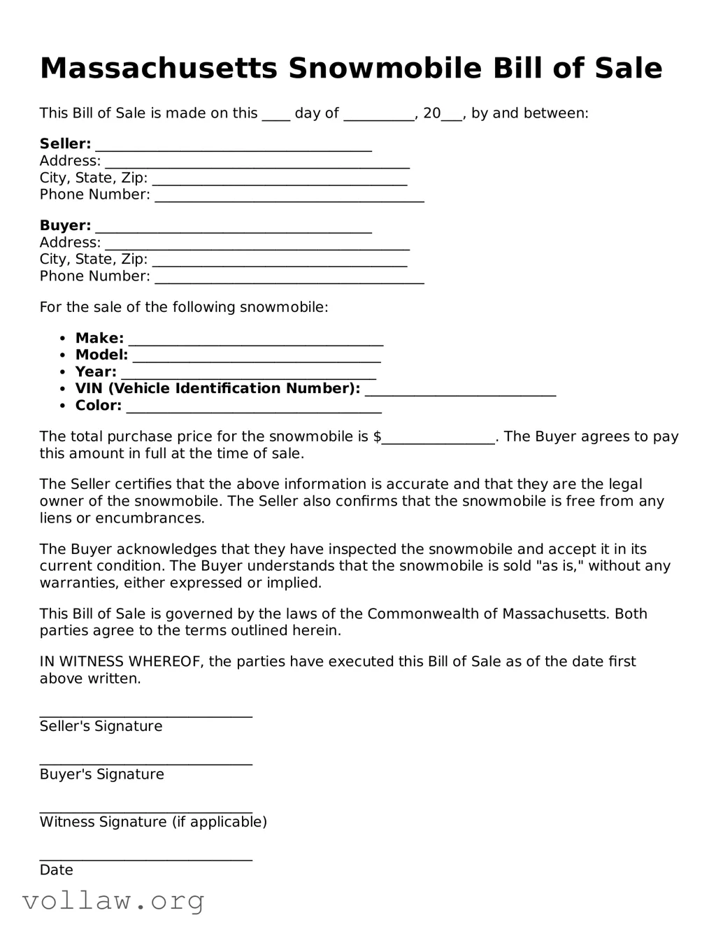 Attorney-Verified  Snowmobile Bill of Sale Form for Massachusetts