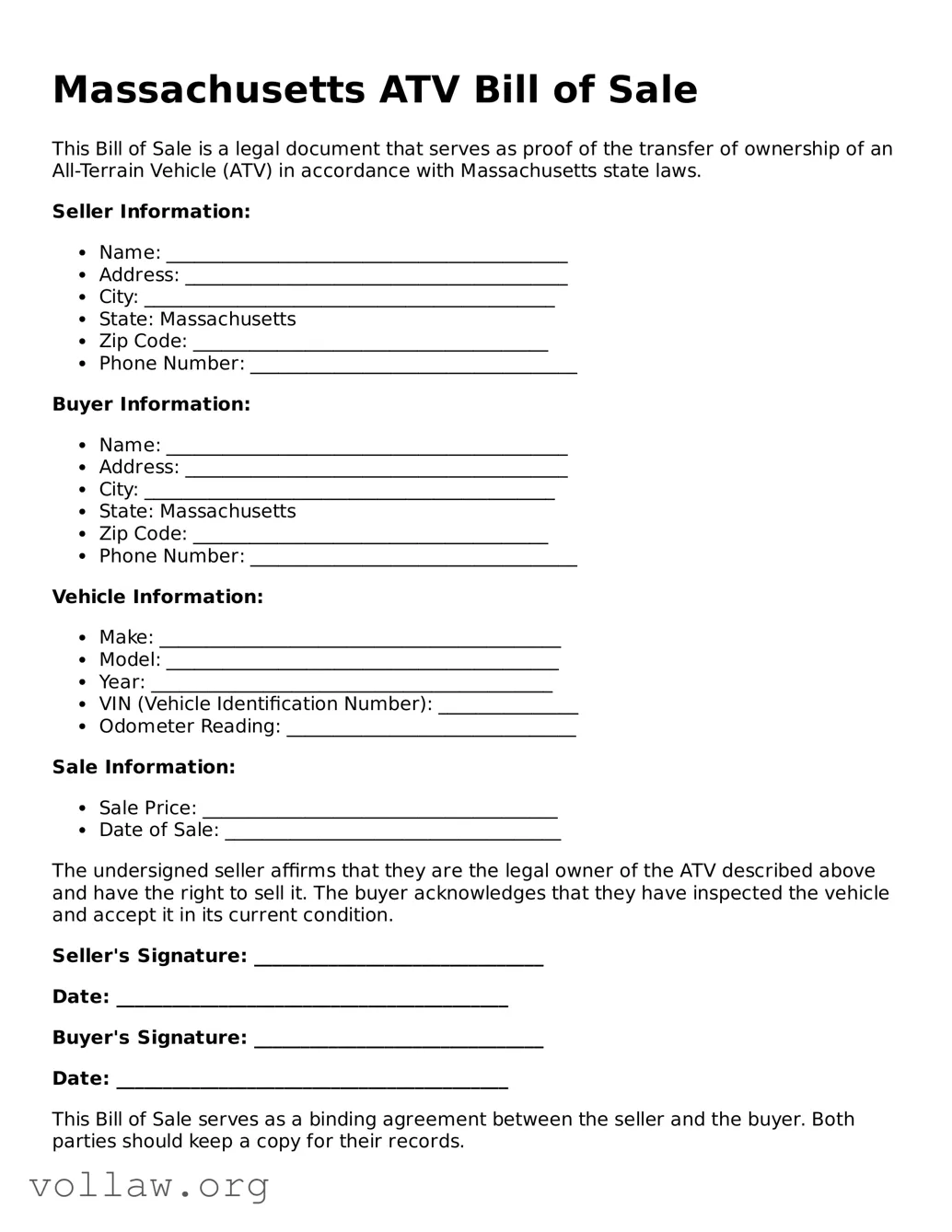 Attorney-Verified  ATV Bill of Sale Form for Massachusetts