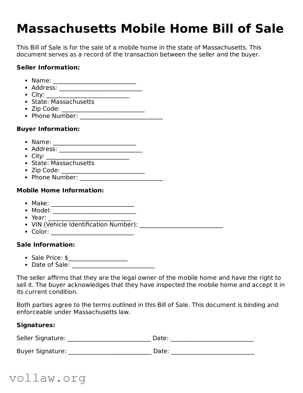 Attorney-Verified  Mobile Home Bill of Sale Form for Massachusetts